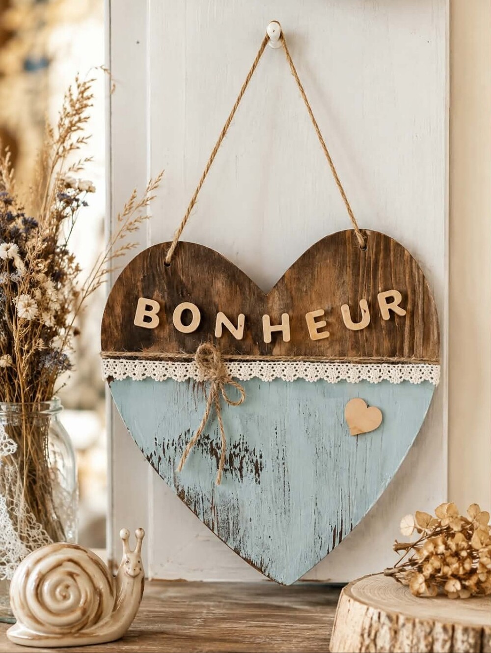 Wooden Heart Wall Hanging "Bonheur" in Light Blue and Brown
